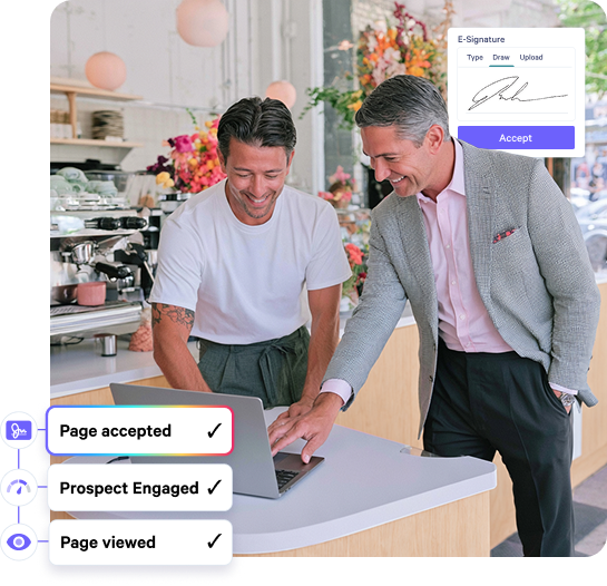 Smiling men look at a laptop displaying an e-signature pop-up and engagement tracking list.