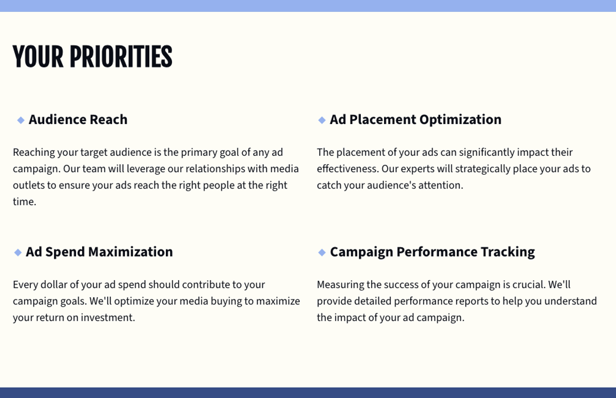 a page that says your priorities audience reach ad spend maximization and ad placement optimization