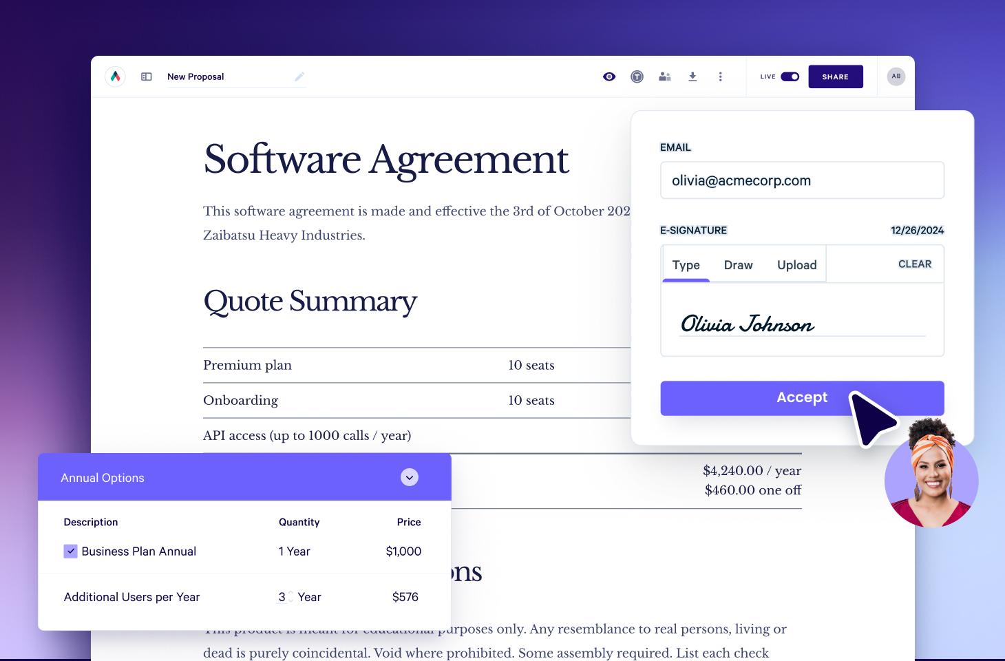 Screen showing a software agreement document with a quote summary and annual options, an e-signature pop-up with 'Olivia Johnson' being accepted by a cursor click, and a smiling woman's profile photo.