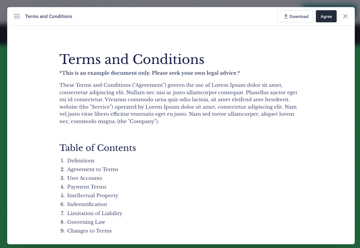 a screenshot of the terms and conditions page