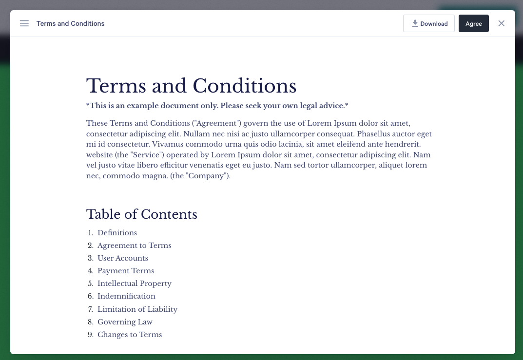 a screenshot of the terms and conditions page