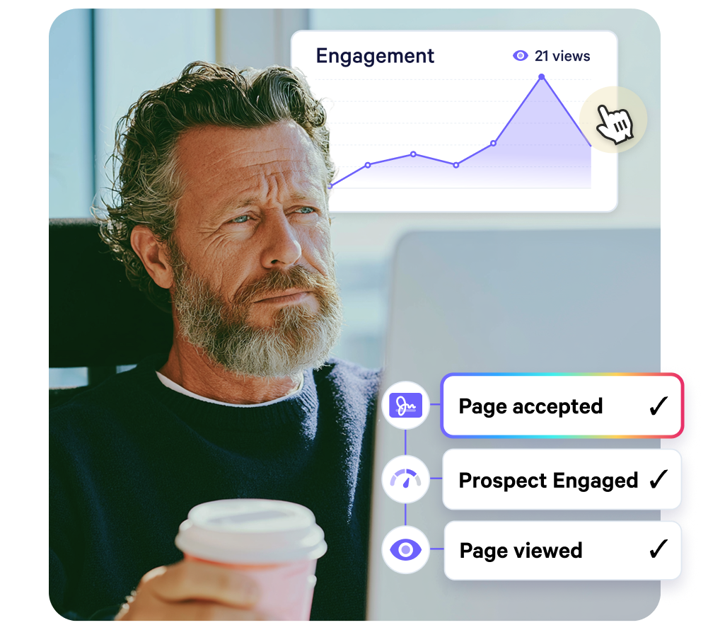 Man looking at screen displaying digital engagement metrics, including a views graph and a list of completed actions.