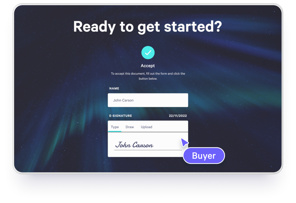 A buyer signing a Qwilr contract and an audit trail getting captured