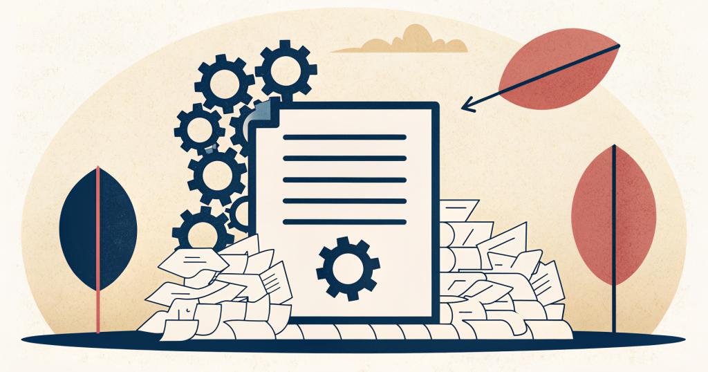 Abstrakte Illustration: ein Angebotsdokument mit Zahnrädern führt von chaotischen losen Zetteln zu einer geordneten Struktur