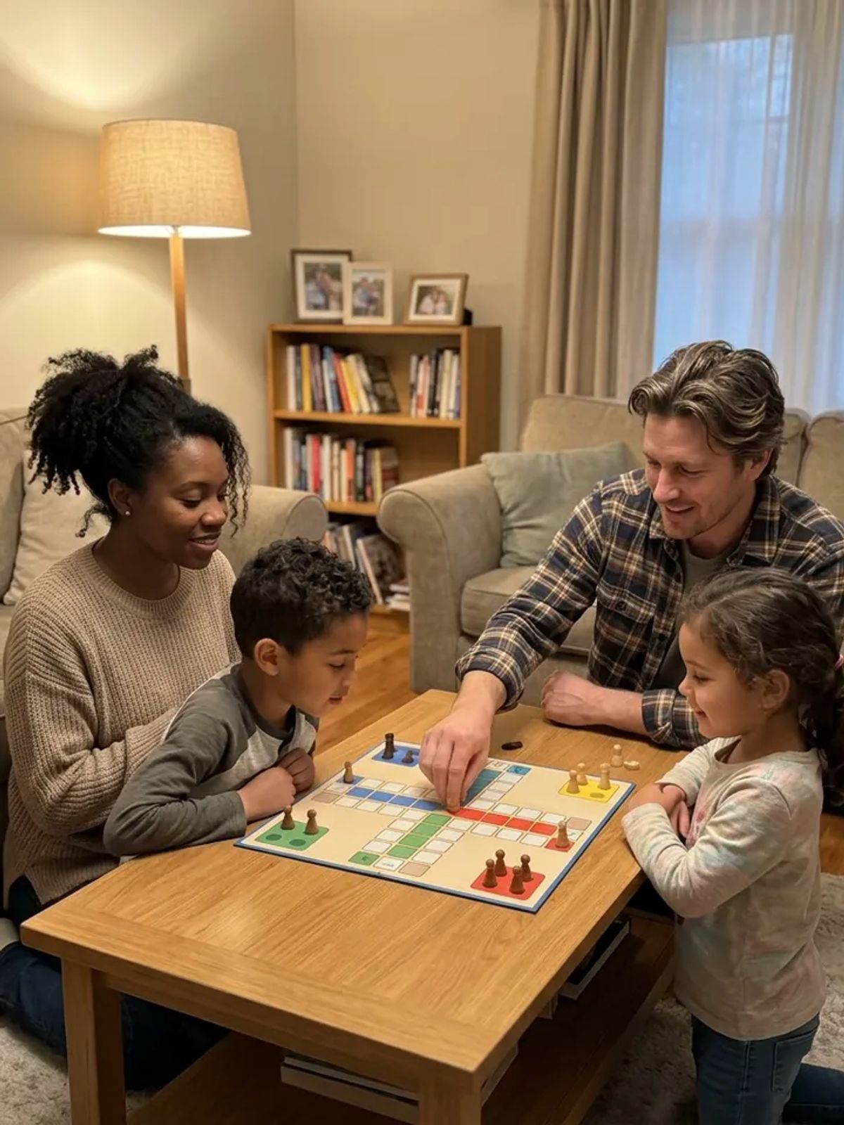 A family of four gathered around the coffee table playing a board game together at home.