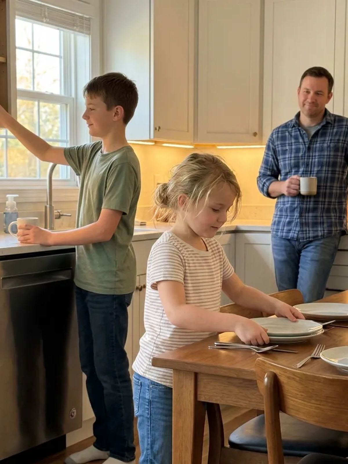 Two siblings doing age-appropriate chores together in the kitchen while their dad looks on.