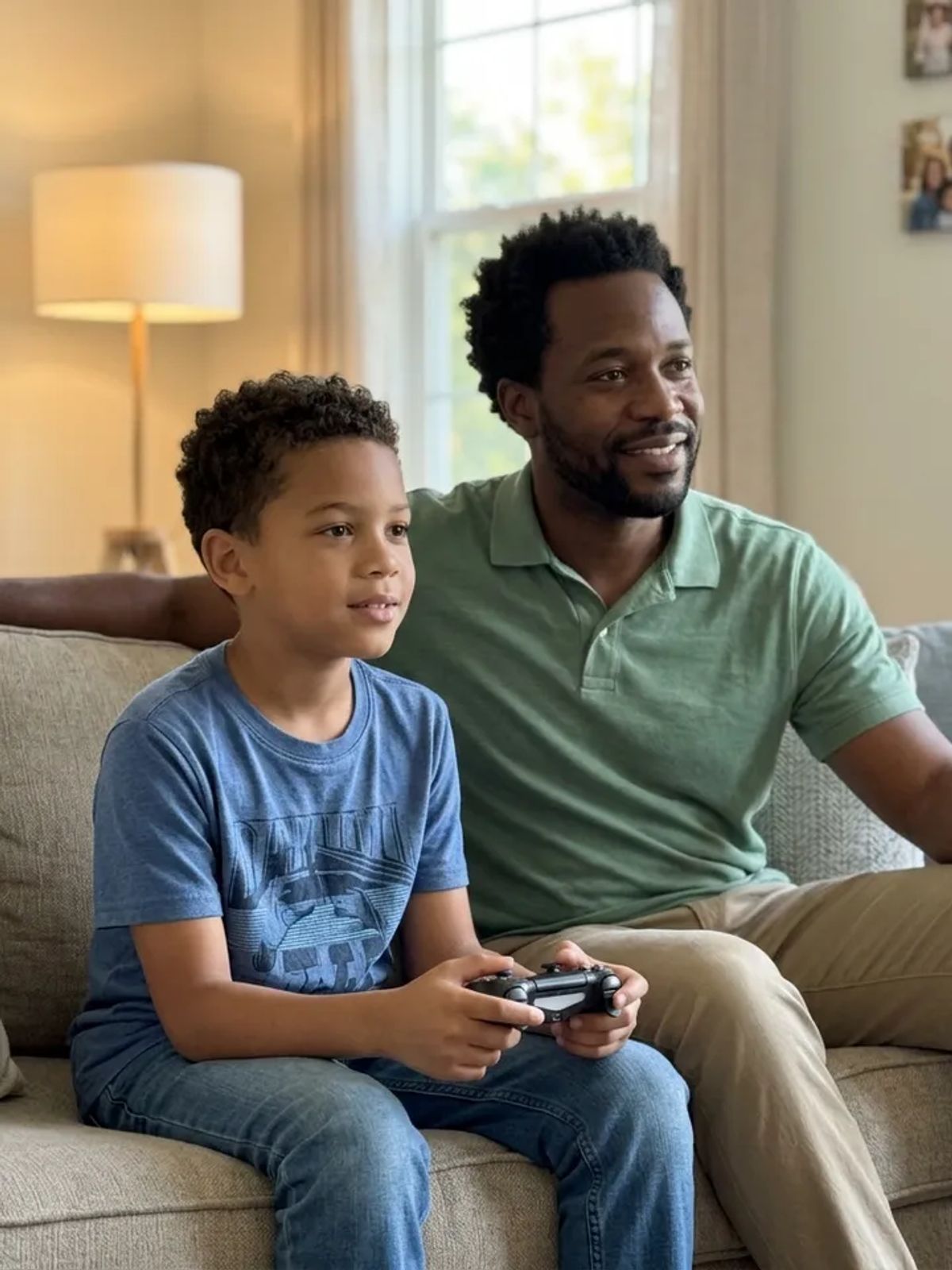 A father and his young son relaxing on the living-room couch as the boy plays a video game with a controller.