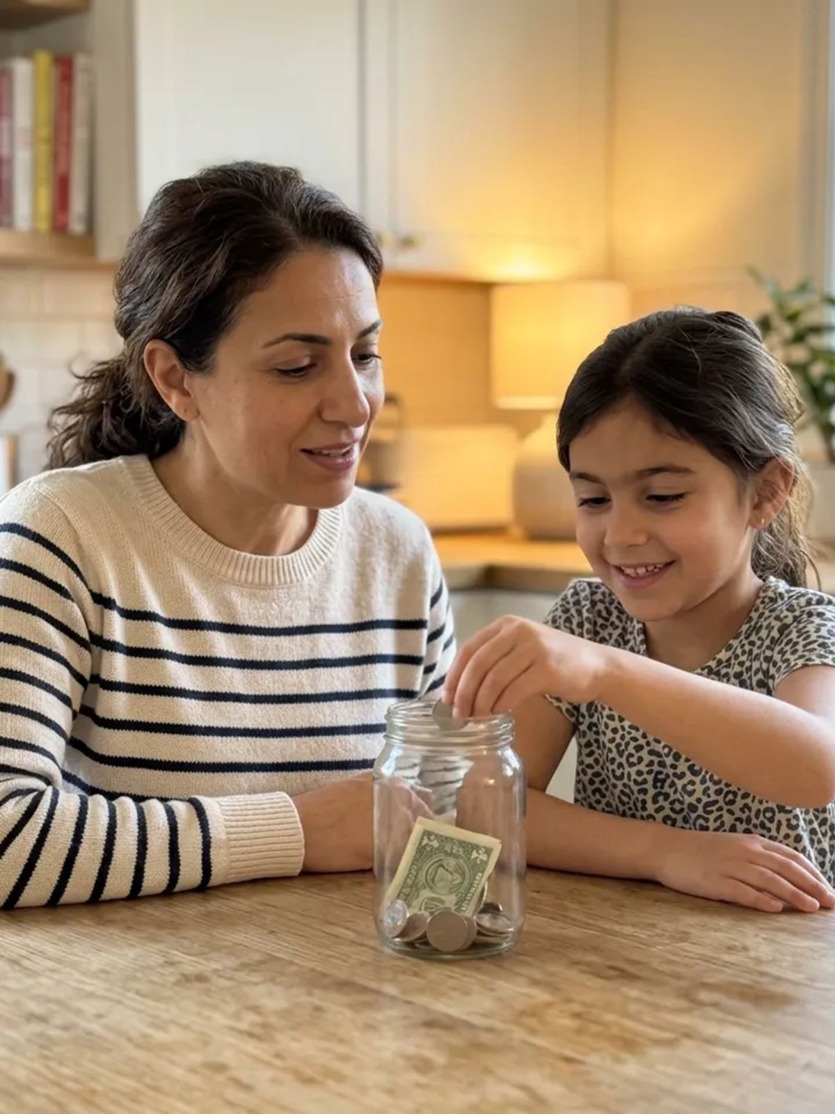 A young girl dropping a dollar into a savings jar at the kitchen table while her mother watches.