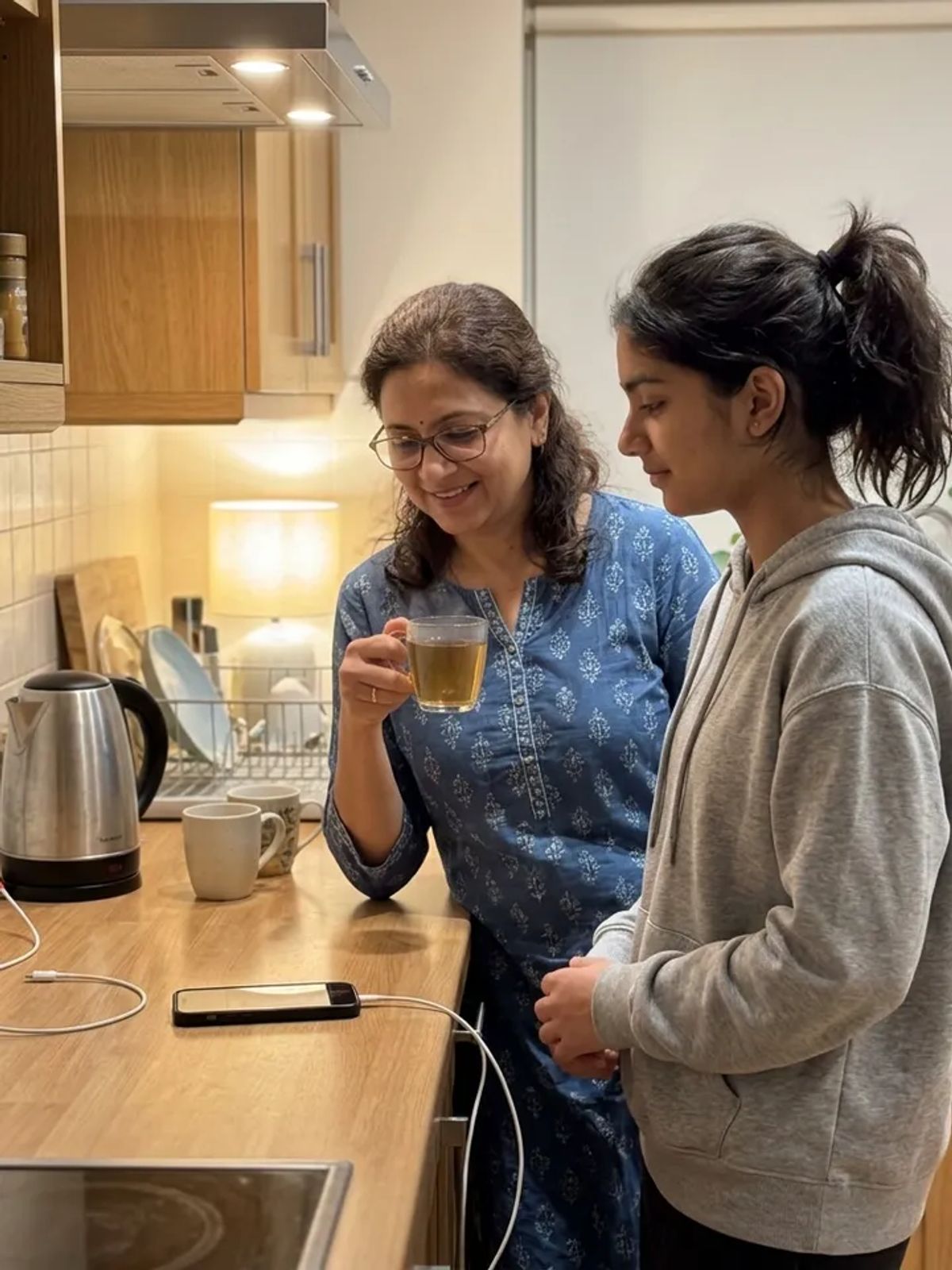 A South Asian mother holding a cup of tea stands beside her teenage daughter in a warm, tidy kitchen in the evening; the daughter's phone sits charging on the counter next to them.