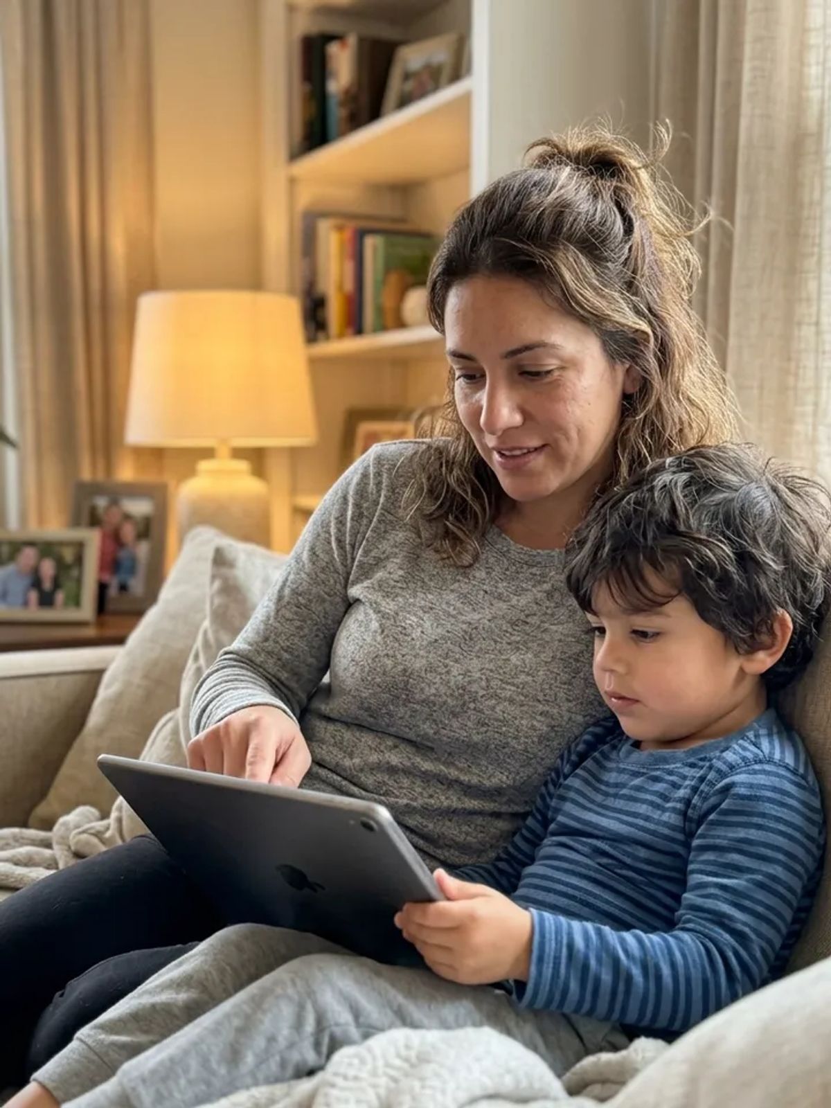 A Hispanic mother and her child sit together on a couch looking at a tablet, exploring AI games for kids in a warm, sunlit living room.