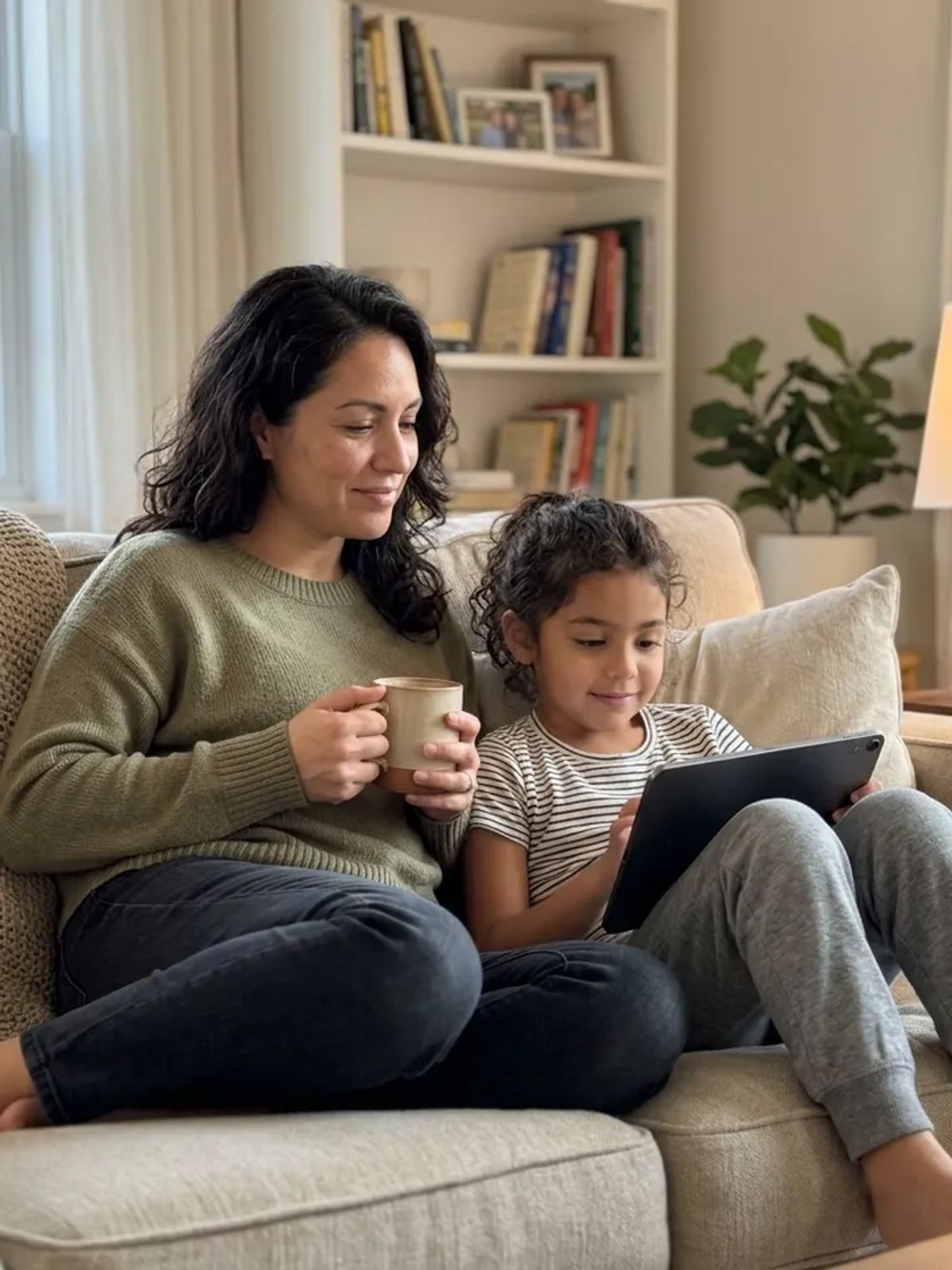 A mother relaxing with a cup of tea on the couch while her child uses a tablet, an easy moment of screen time at home.
