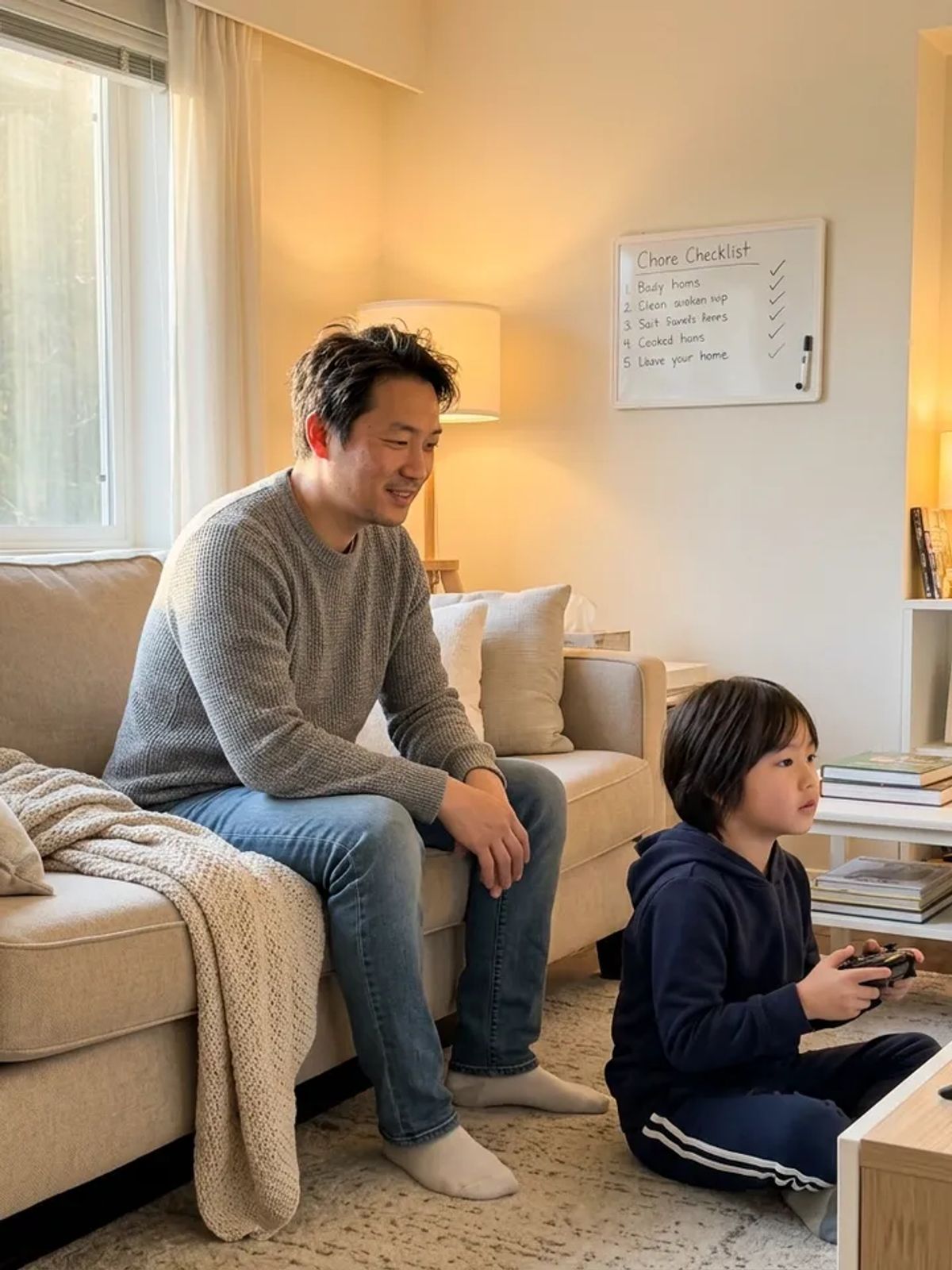 An East Asian father relaxing on the couch while his young child plays video games after completing chores to earn screen time rewards