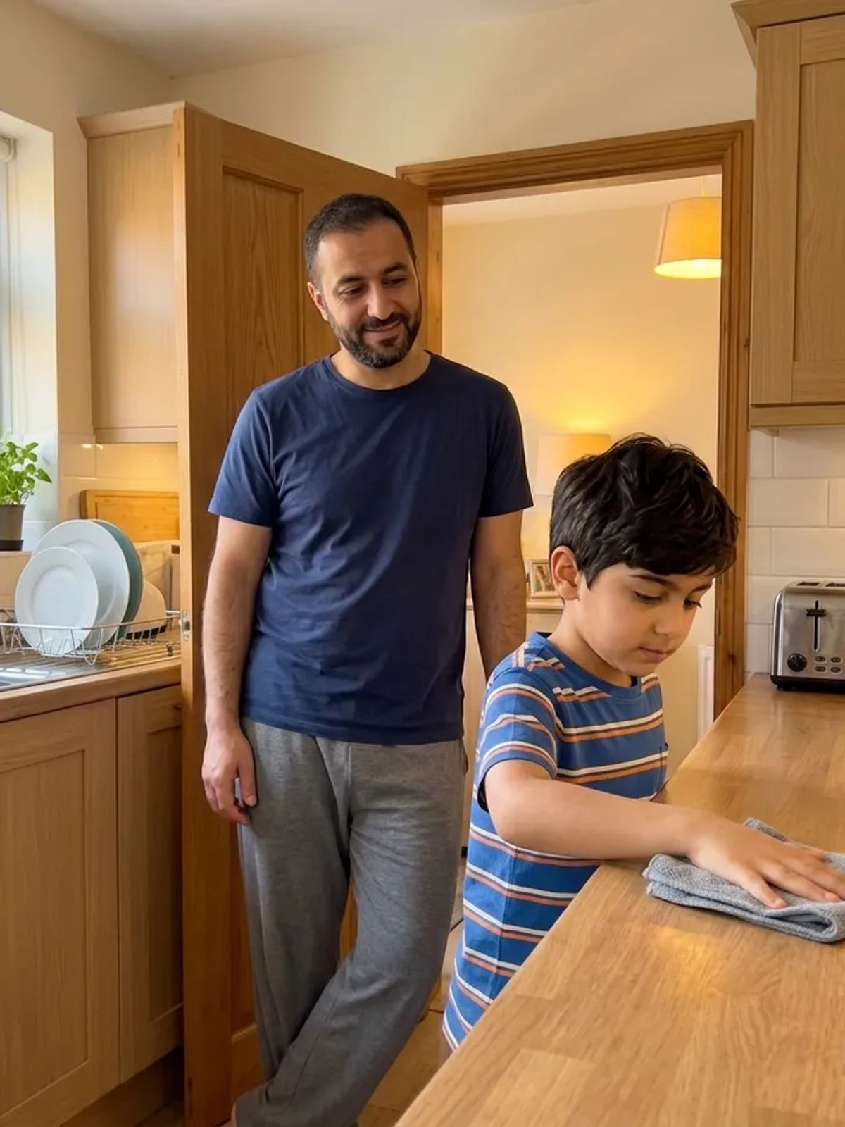 A father watches proudly as his child wipes down the kitchen counter, practicing life skills for kids at home.