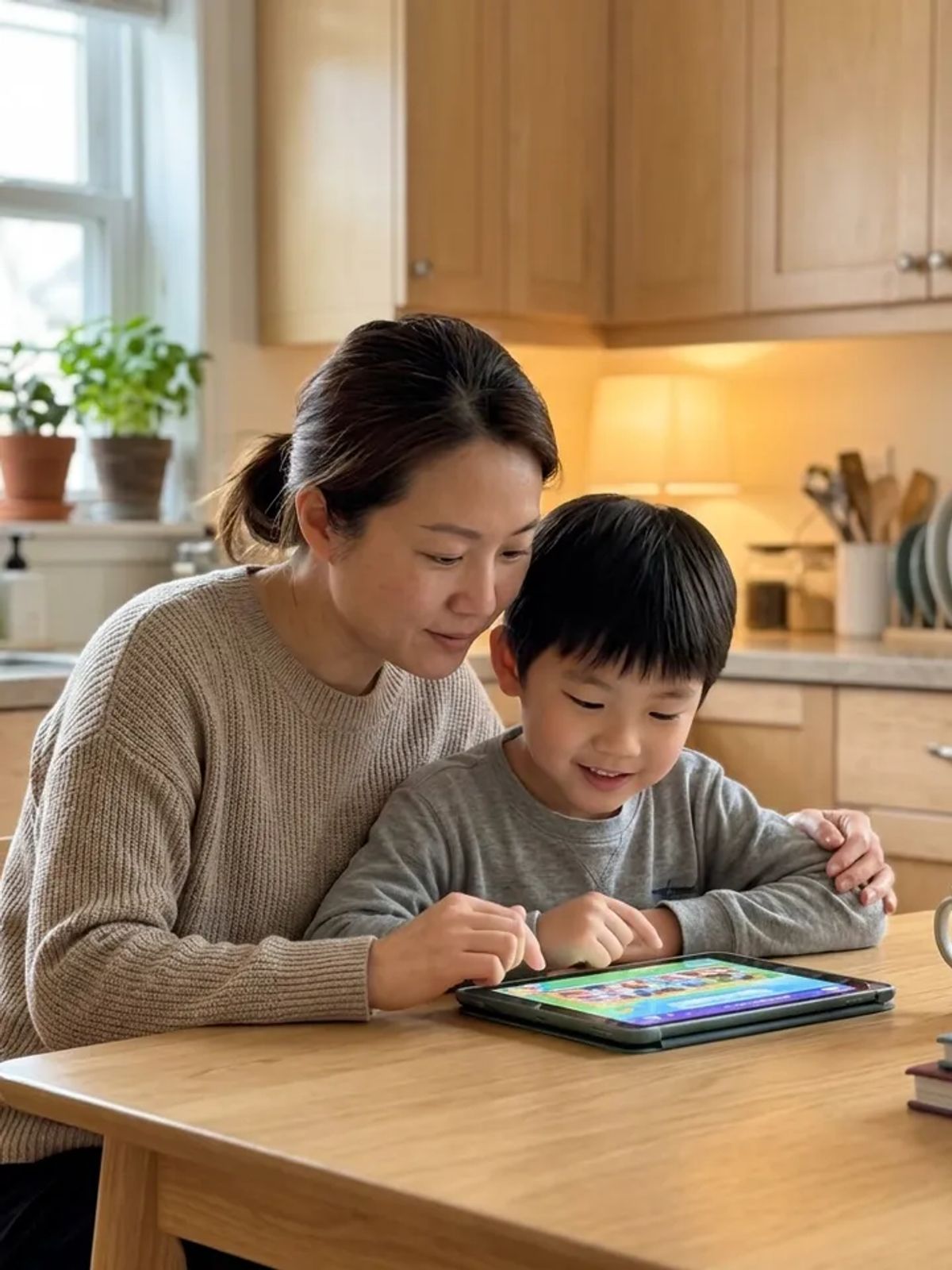 A mother and her young son at the kitchen table playing an educational game together on a tablet.
