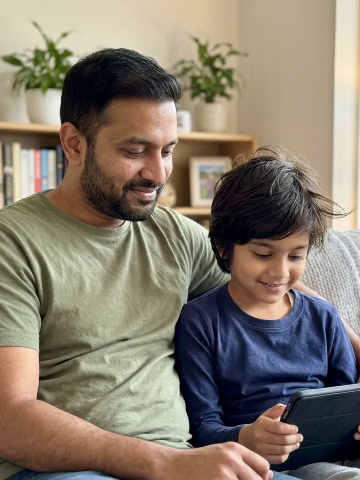 A father and his child sitting on the couch playing a math game together on a tablet.