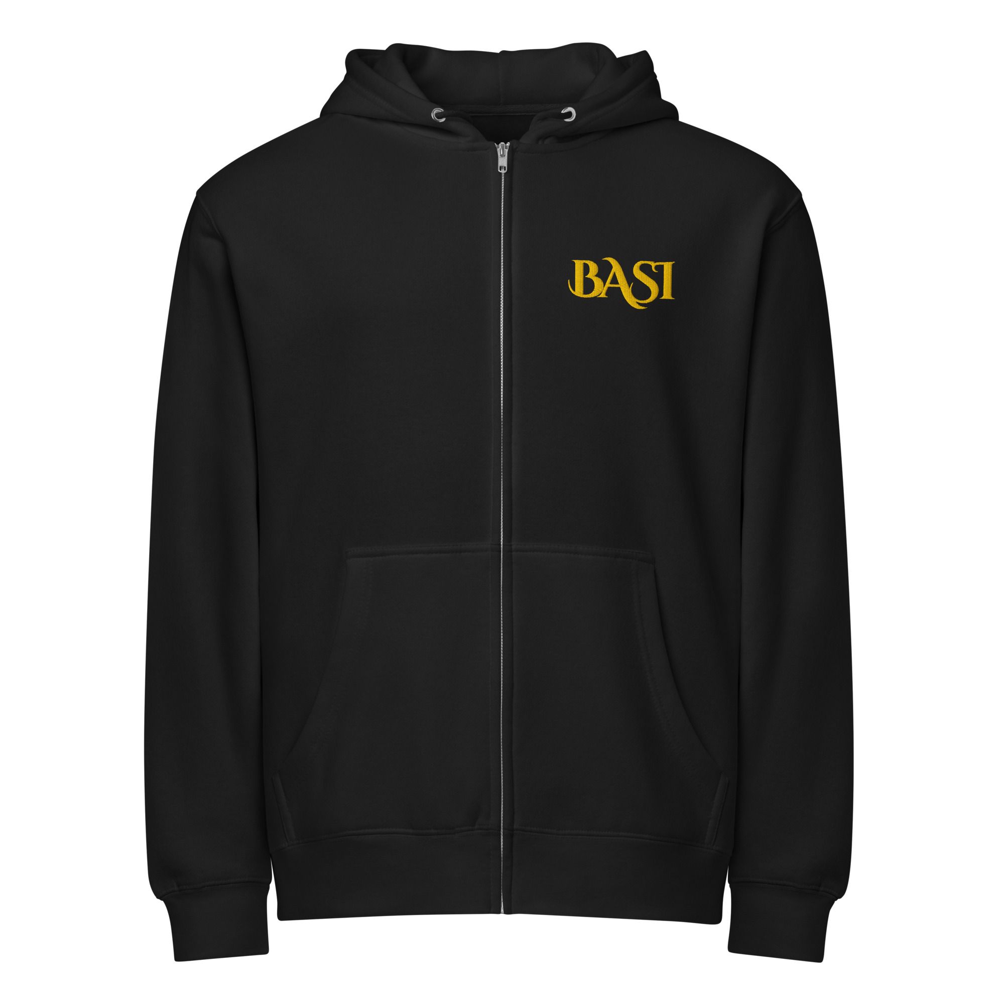 Black zip hoodie with a small gold BASI wordmark on the chest, front view