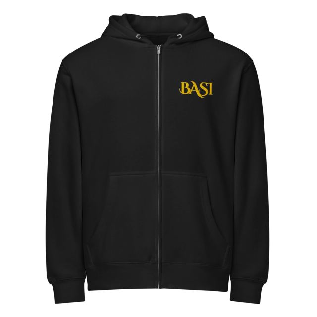 Black zip hoodie with a small gold BASI wordmark on the chest, front view
