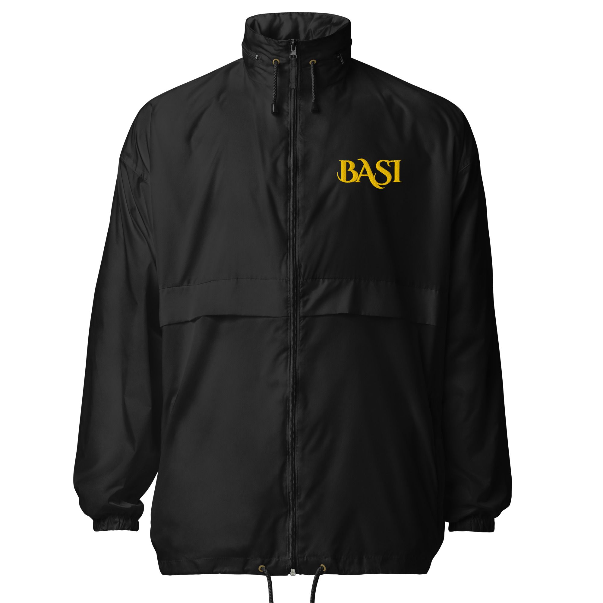 Black windbreaker with a small gold BASI wordmark on the chest, front view