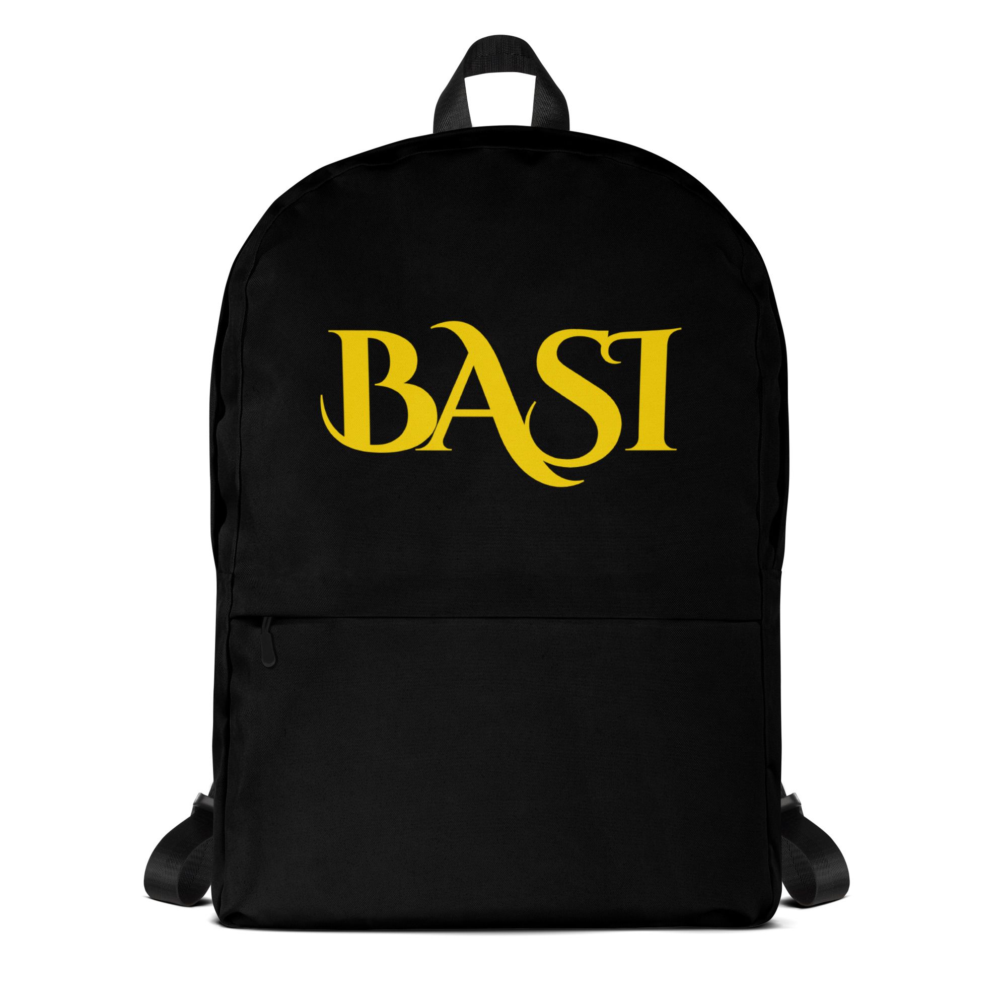 Black backpack with the gold BASI wordmark, front view