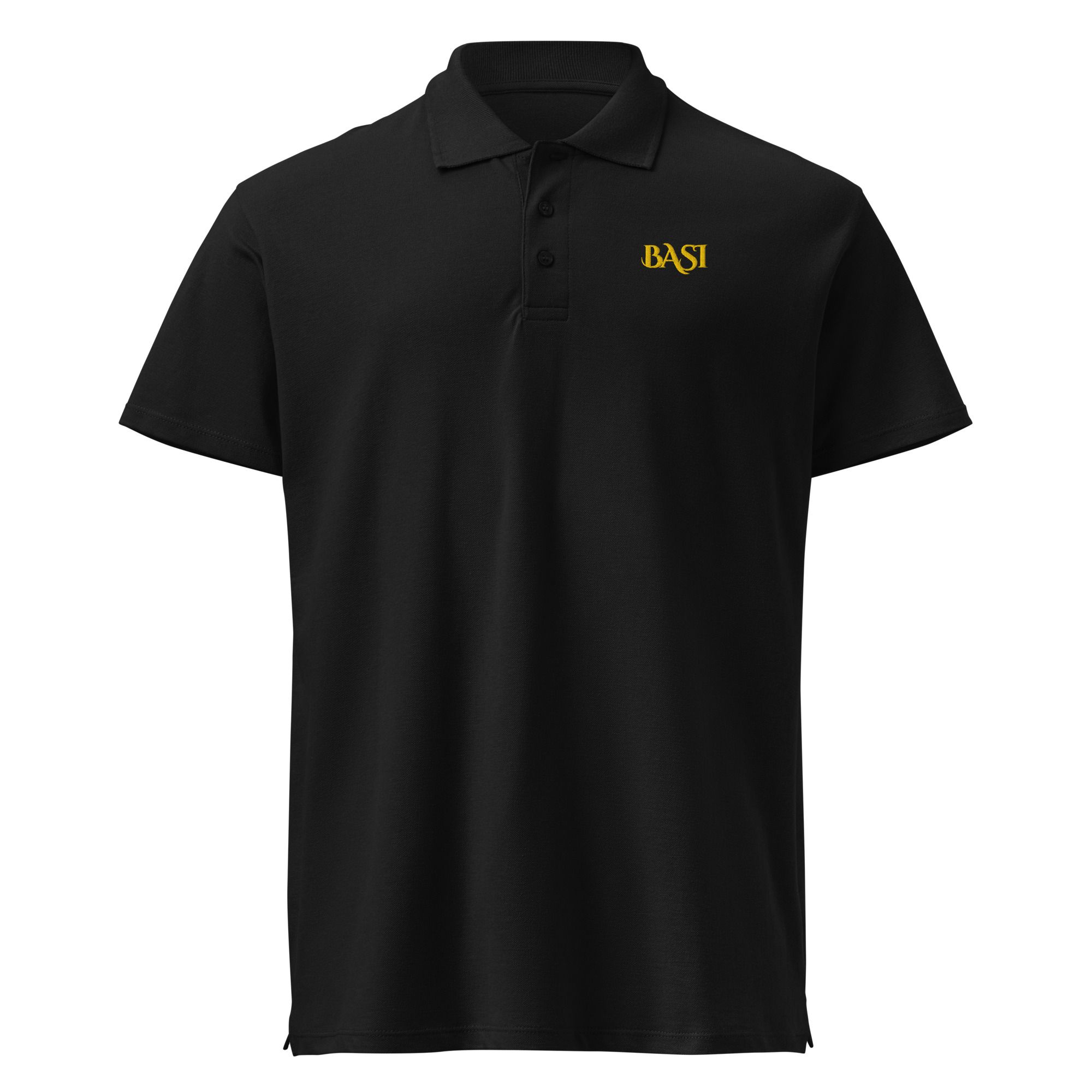 Black polo shirt with a small gold BASI wordmark on the chest, front view