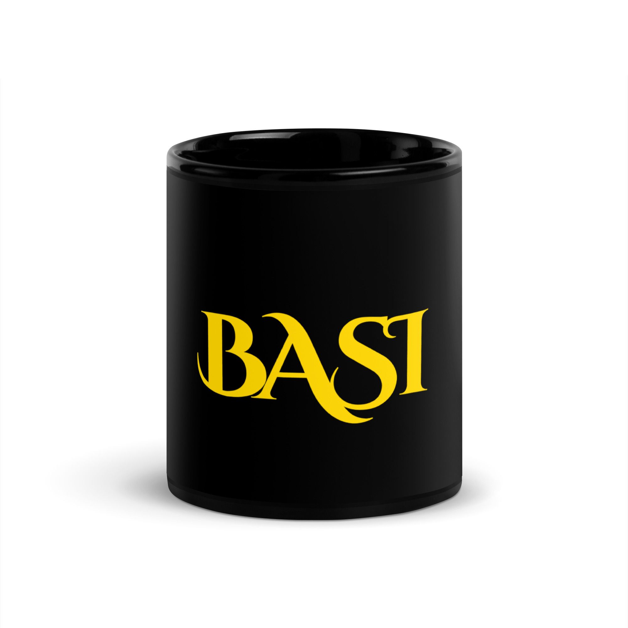 Glossy black 11 oz mug with the gold BASI wordmark
