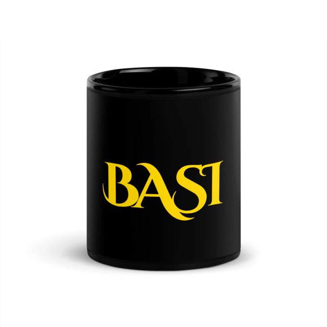 Glossy black 11 oz mug with the gold BASI wordmark