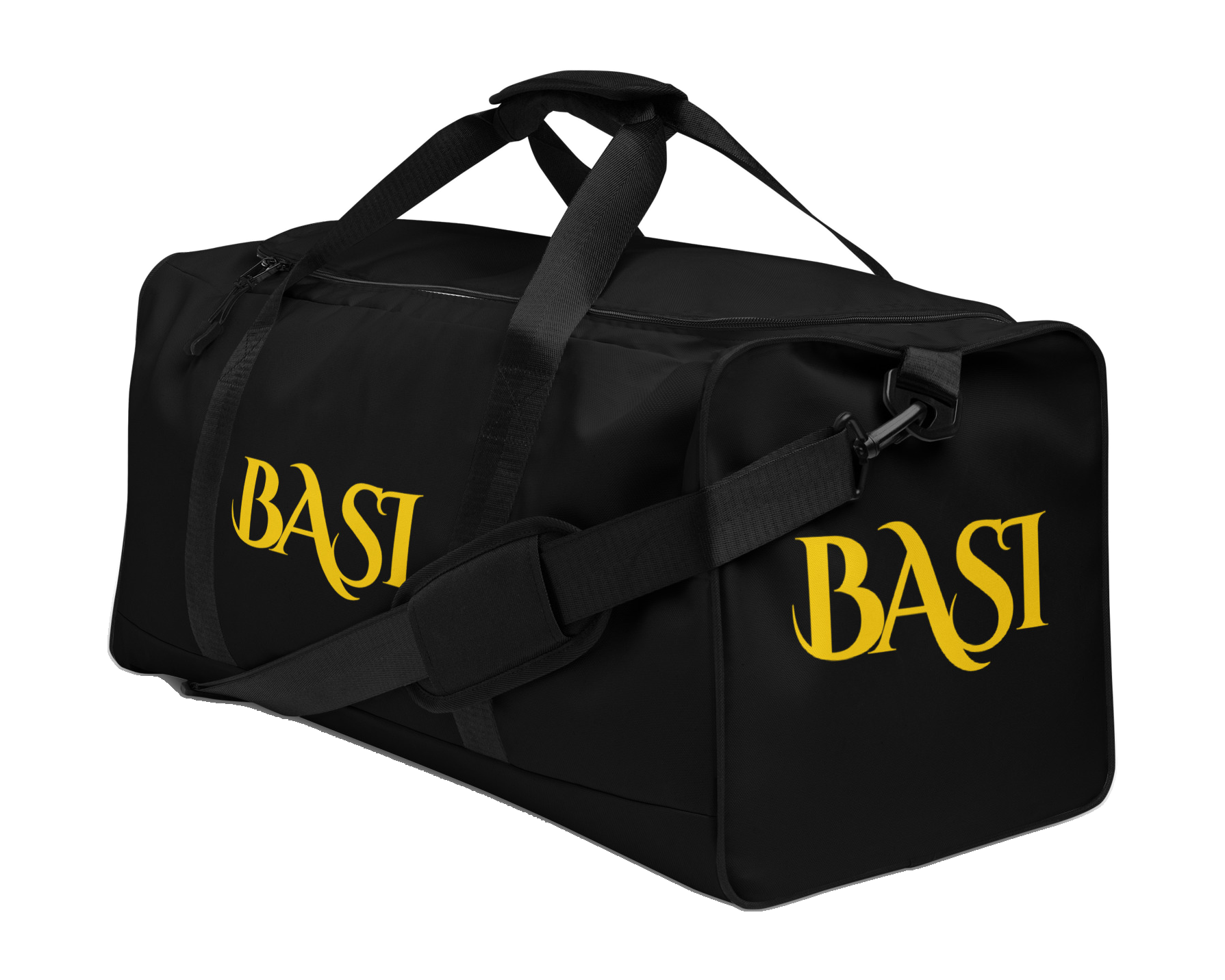 Black BASI Classic Duffle Bag with gold BASI wordmarks on the side and end