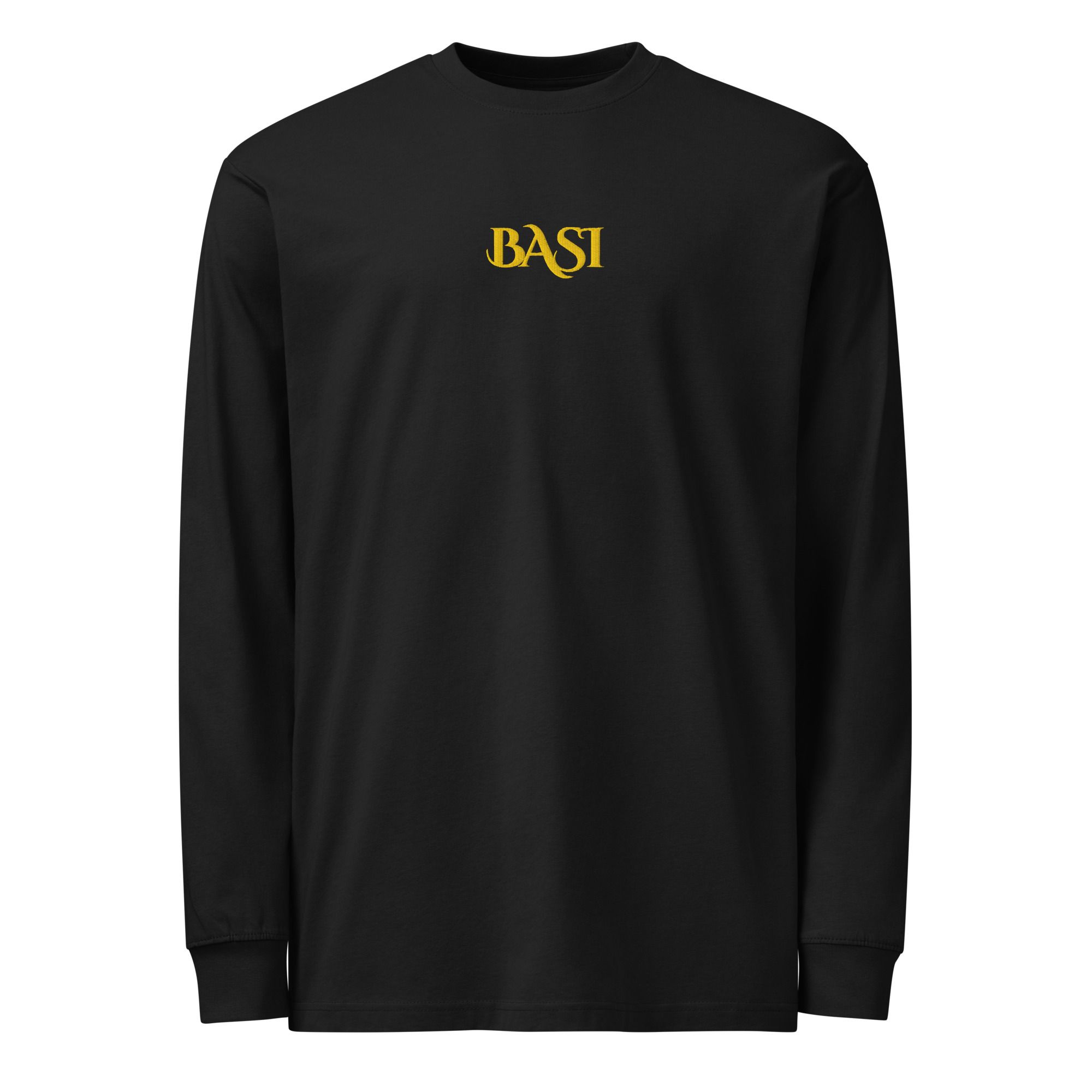 Black long-sleeve T-shirt with a small gold BASI wordmark on the chest, front view