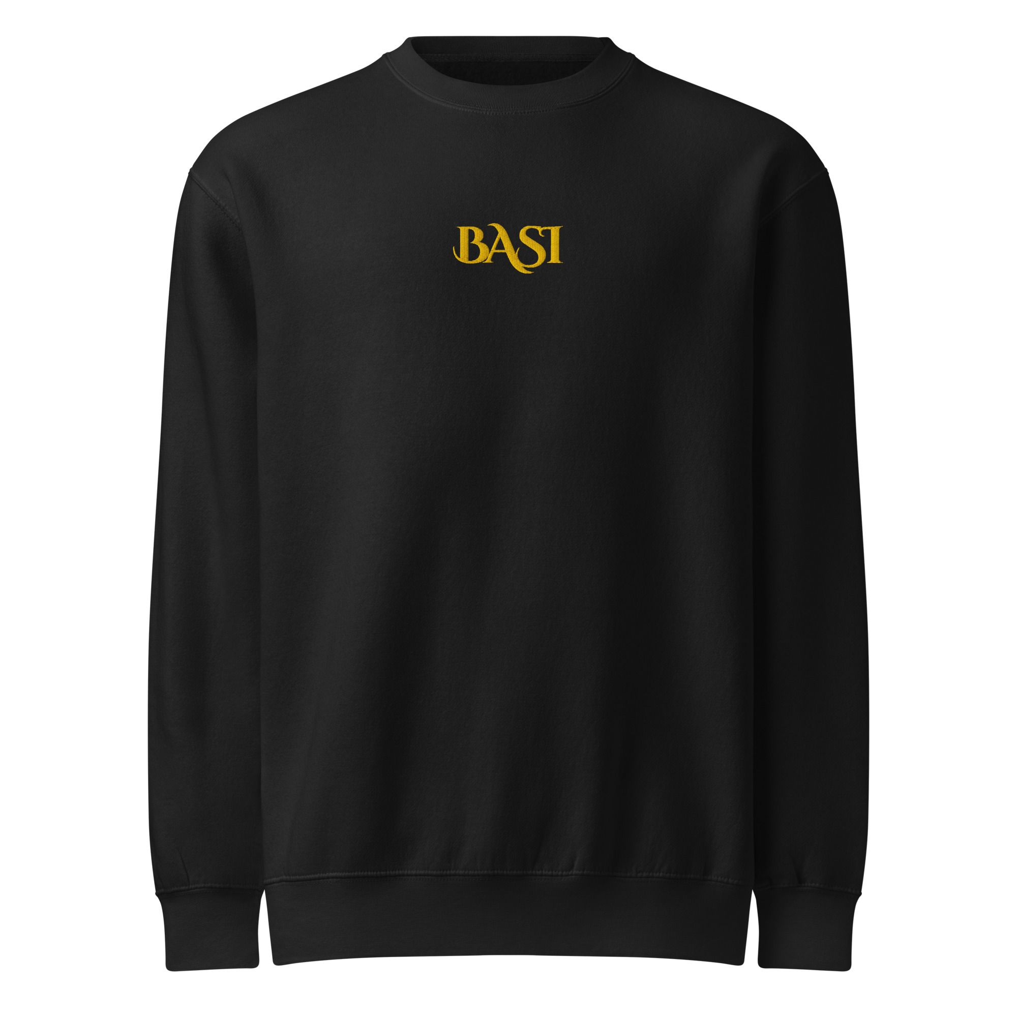 Black crew-neck sweatshirt with a small gold BASI wordmark on the chest, front view