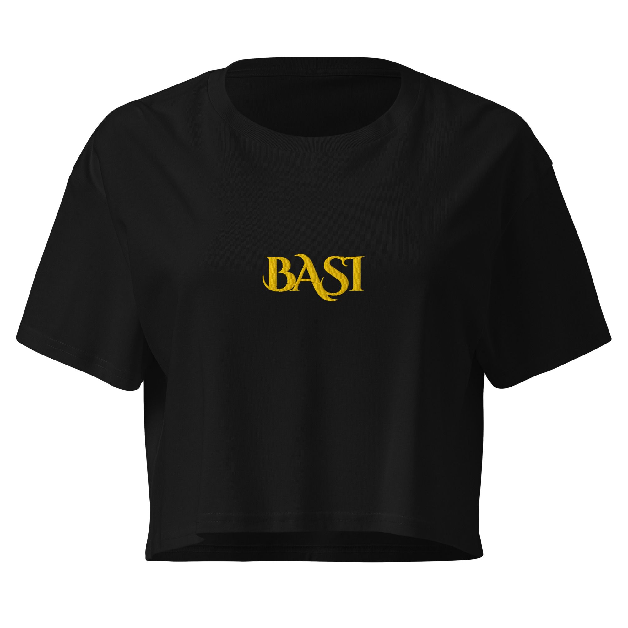 Black cropped T-shirt with the gold BASI wordmark on the front