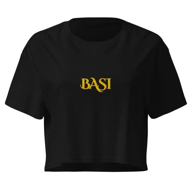 Black cropped T-shirt with the gold BASI wordmark on the front