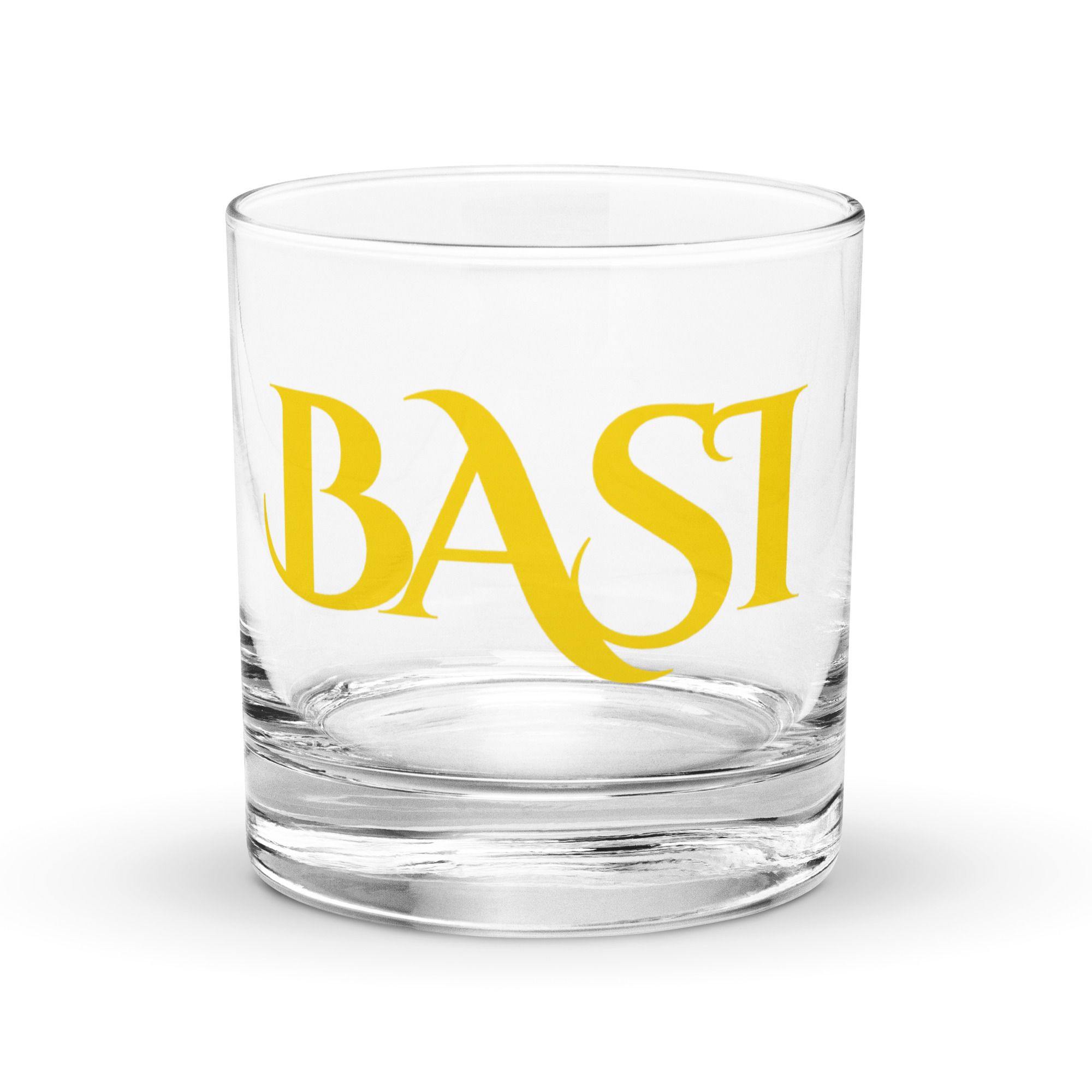 Clear rocks glass printed with the gold BASI wordmark