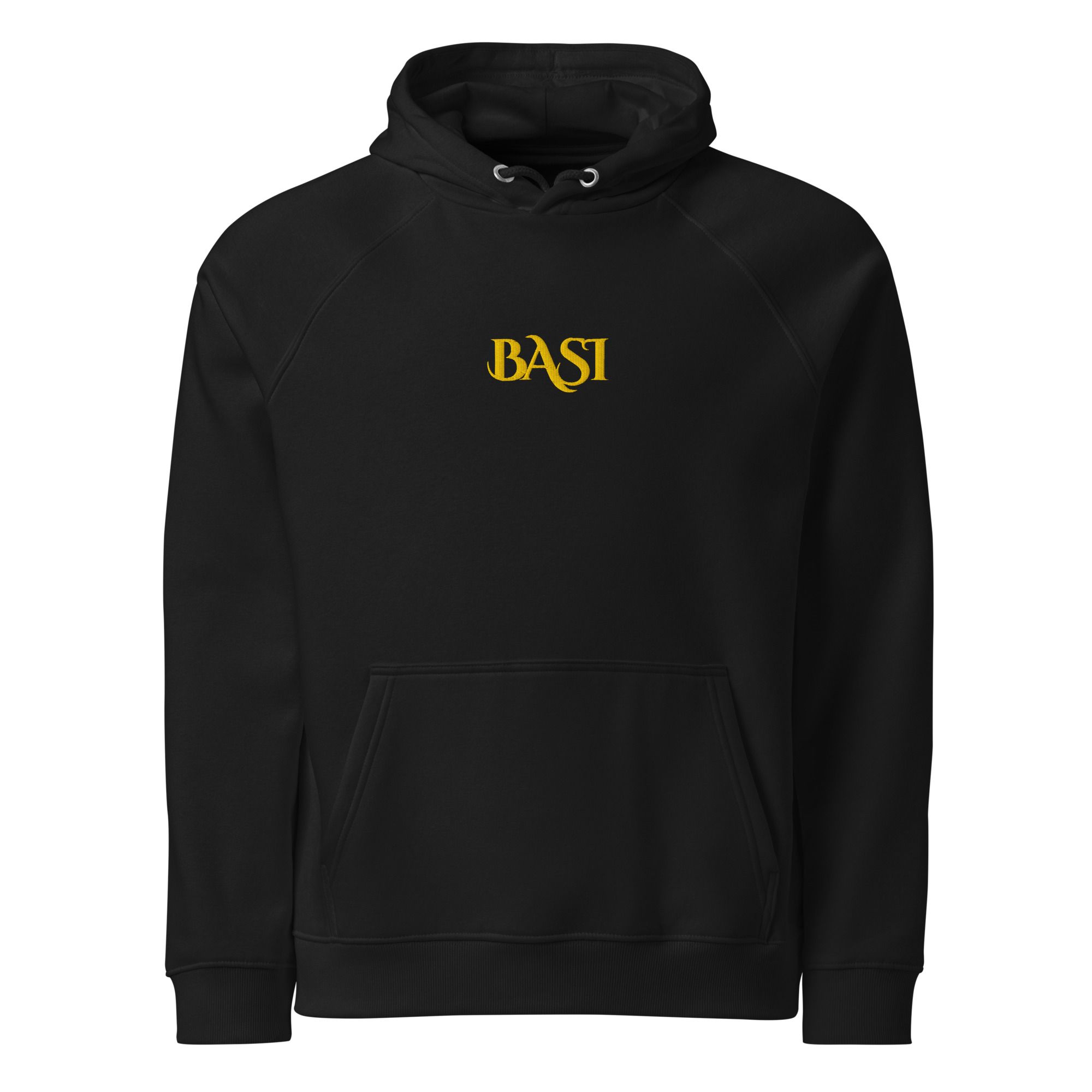 Black pullover hoodie with the gold BASI wordmark on the chest, front view