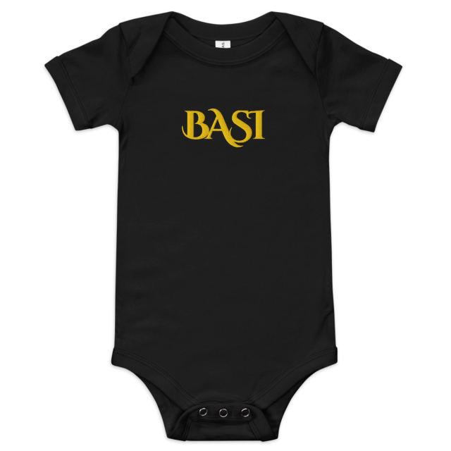 Black short-sleeve baby one-piece with the gold BASI wordmark on the front