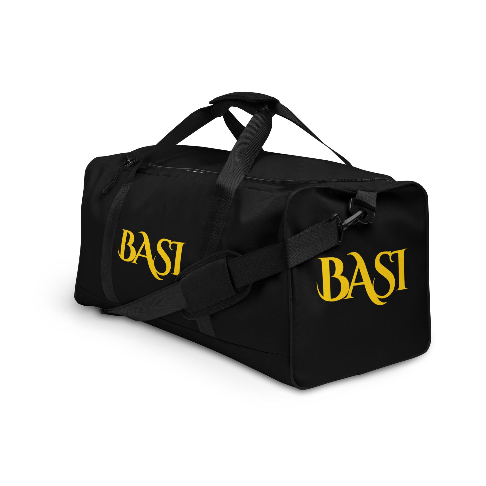 Black duffle bag with gold BASI wordmarks, angled view