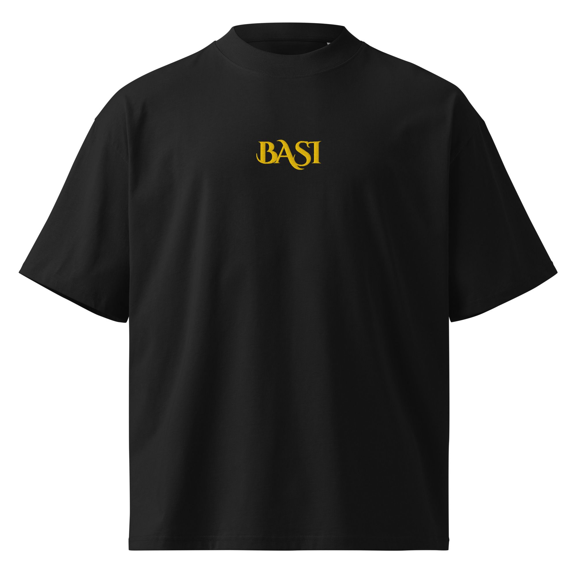 Black oversized high-neck T-shirt with the gold BASI wordmark on the chest, front view