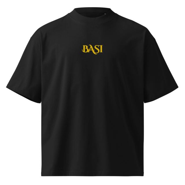 Black oversized high-neck T-shirt with the gold BASI wordmark on the chest, front view
