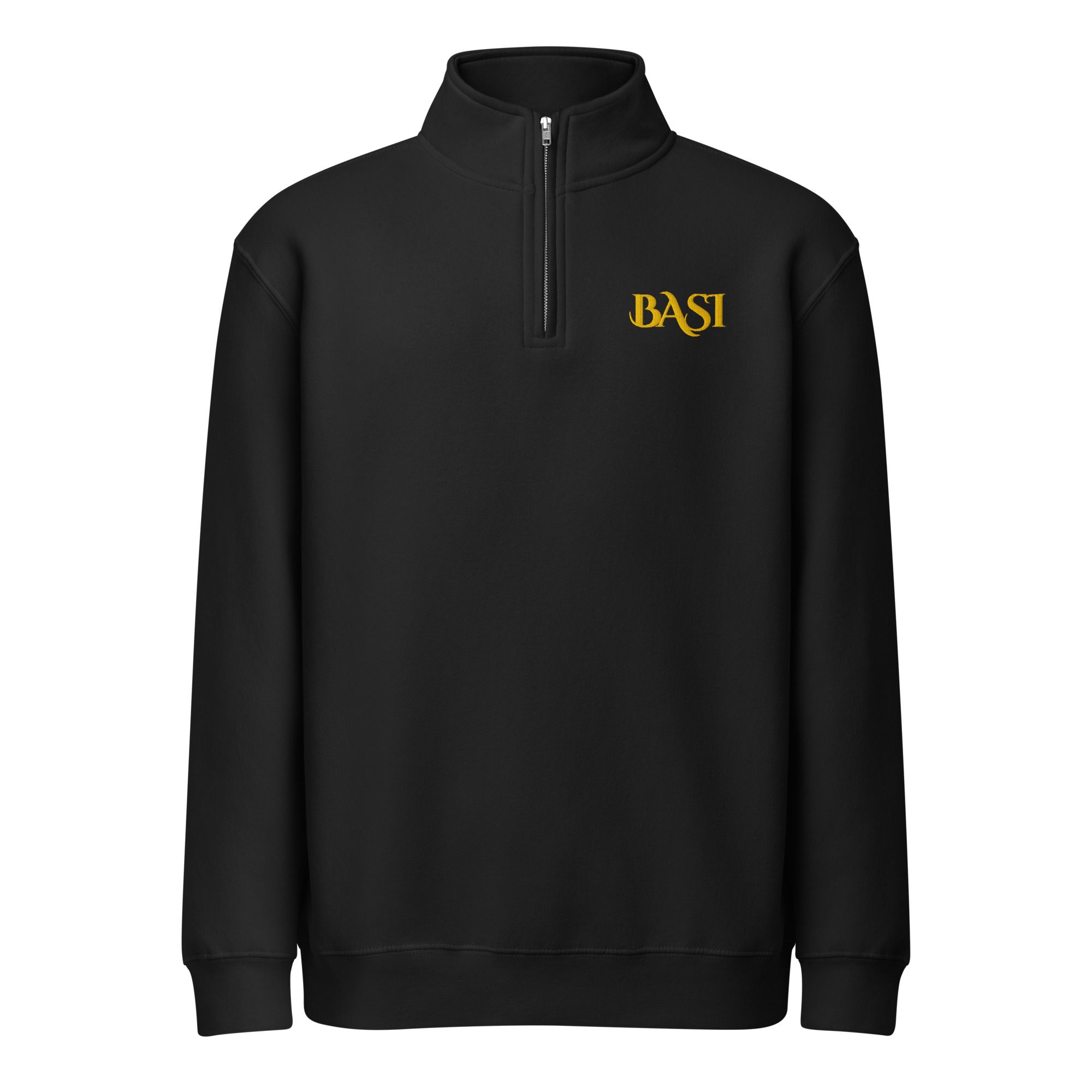 Black quarter-zip sweatshirt with a small gold BASI wordmark on the chest, front view