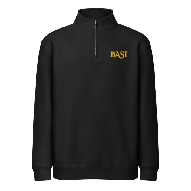 Black quarter-zip sweatshirt with a small gold BASI wordmark on the chest, front view
