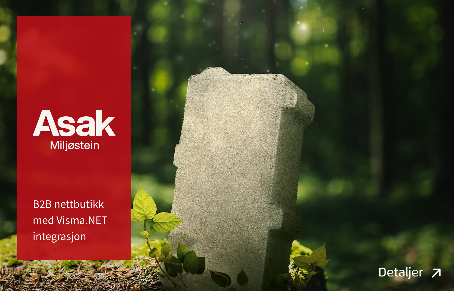 En plakat med bilde av en murstein og logoen til Asak miljøstein. Teksten sier "B2B nettbutikk med Visma.NET integrasjon