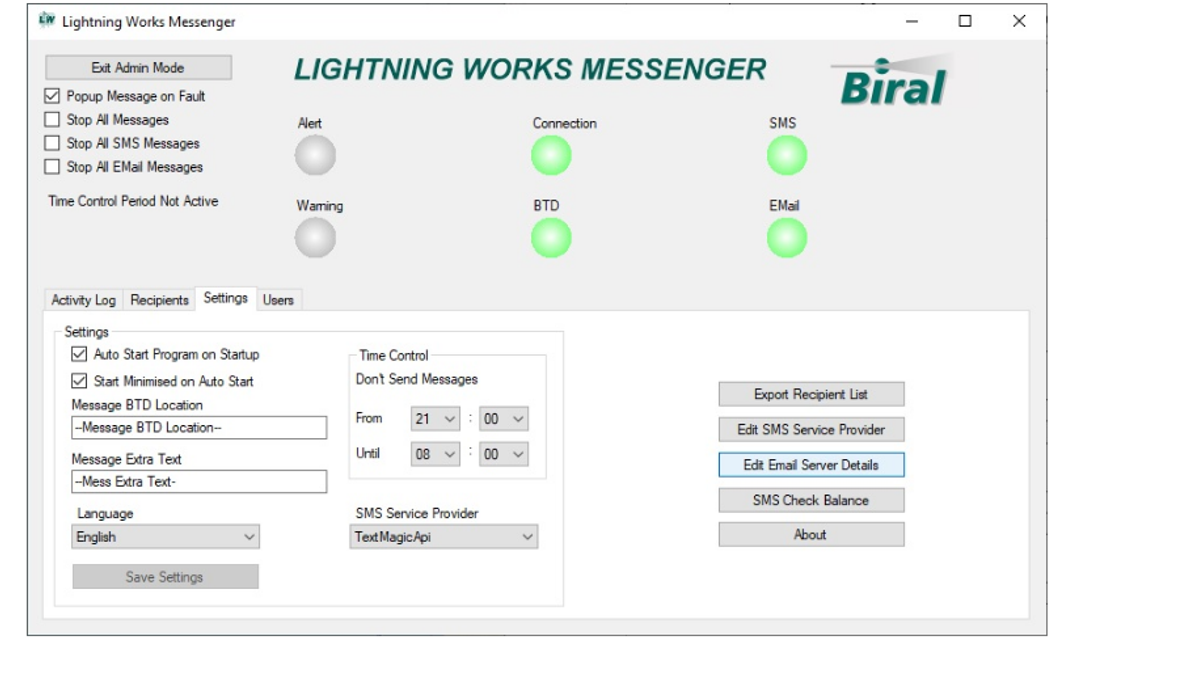 Oberfläche der Software BTD-200 Lightning Works Messenger mit Statusanzeigen für Alarm, Verbindung, SMS und E-Mail