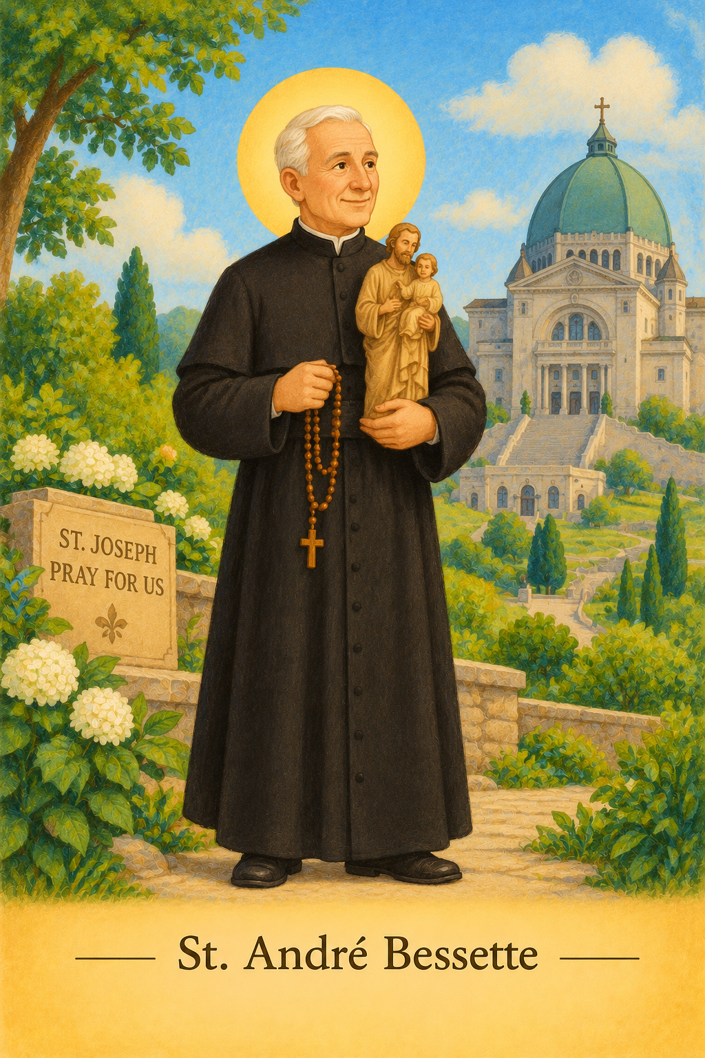 Illustration of Saint André Bessette with staff and chapel.