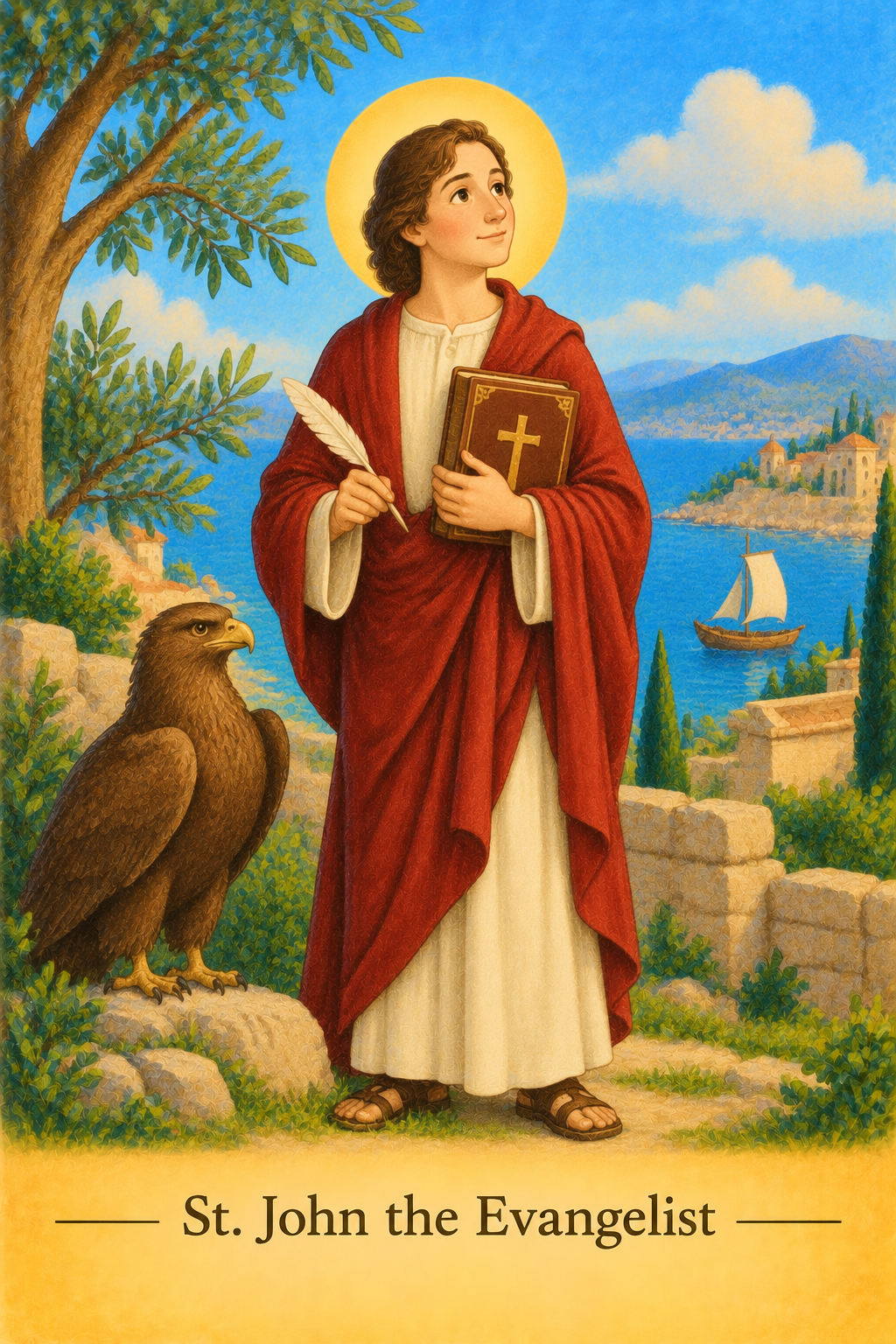 Illustration of Saint John the Evangelist holding the holy Bible.