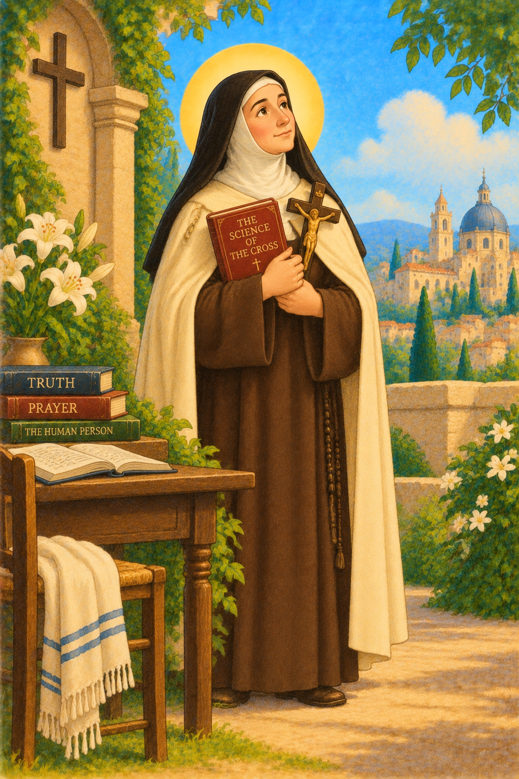 Illustration of Saint Teresa Benedicta of the Cross holding a wooden cross and a book.