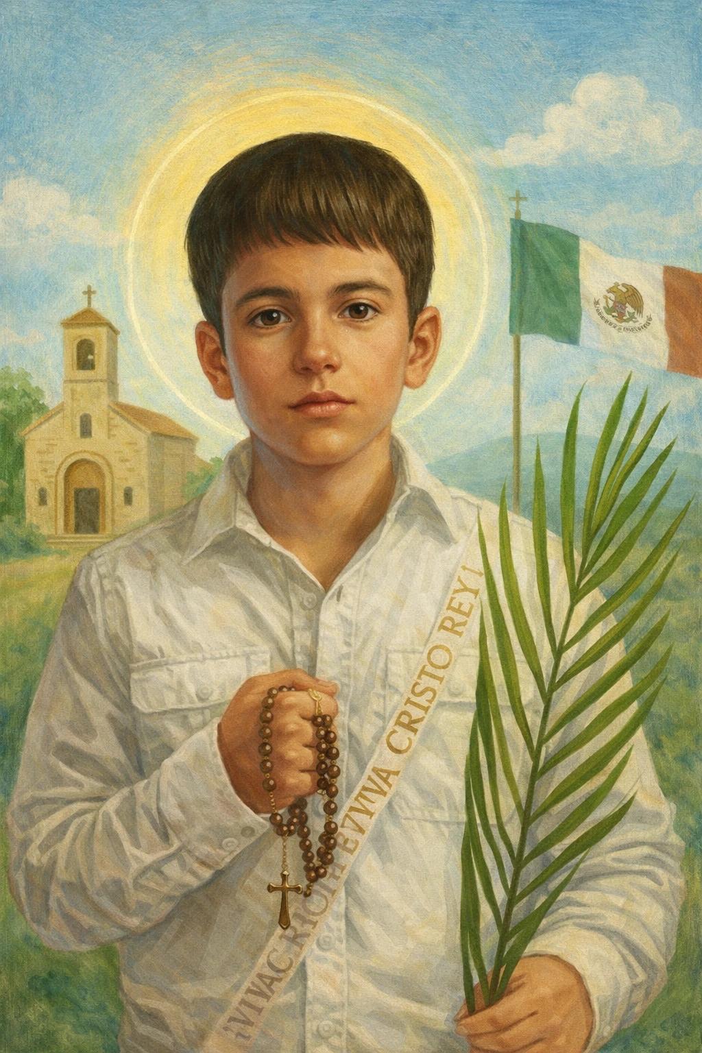 Illustration of Saint José Luis Sánchez del Río holding a rosary and a palm branch.