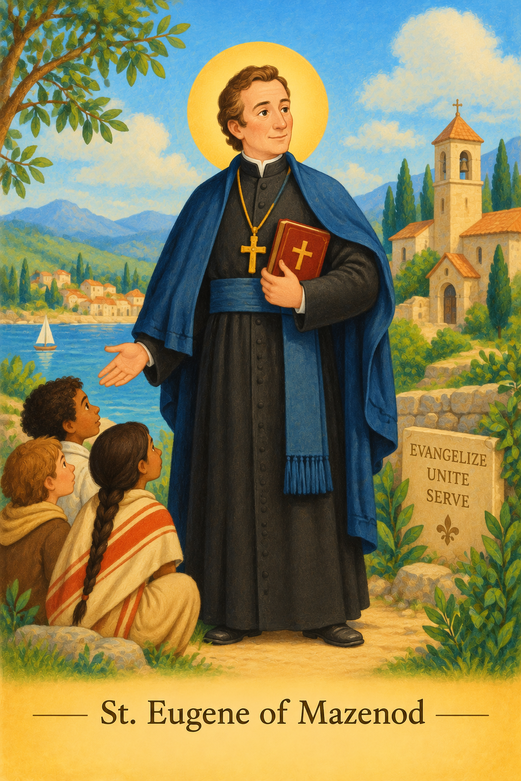 Illustration of Saint Eugene de Mazenod holding a pectoral cross.