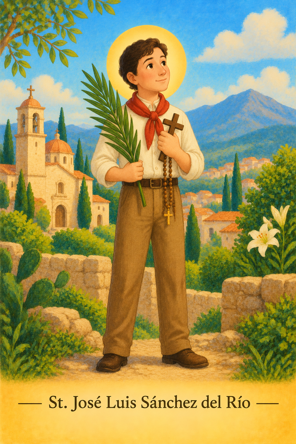 Illustration of Saint José Luis Sánchez del Río holding a rosary and a palm branch.