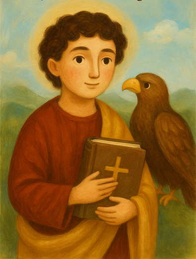 Illustration of Saint John the Evangelist holding the holy Bible.