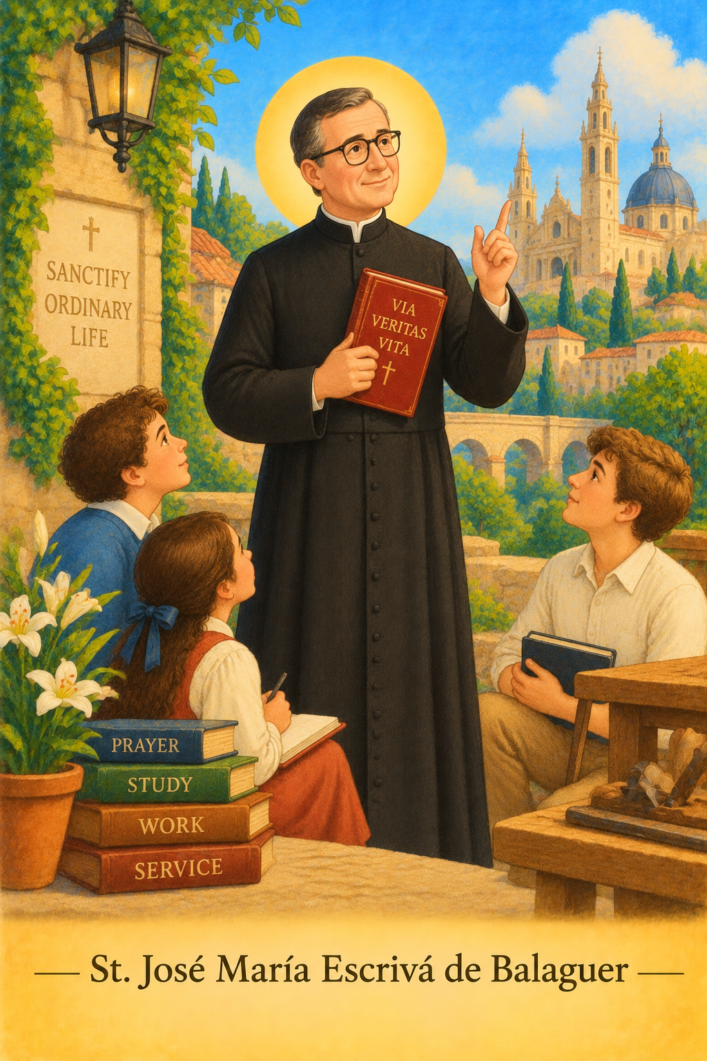 Illustration of Saint Josemaria Escriva holding crucifix and Bible.