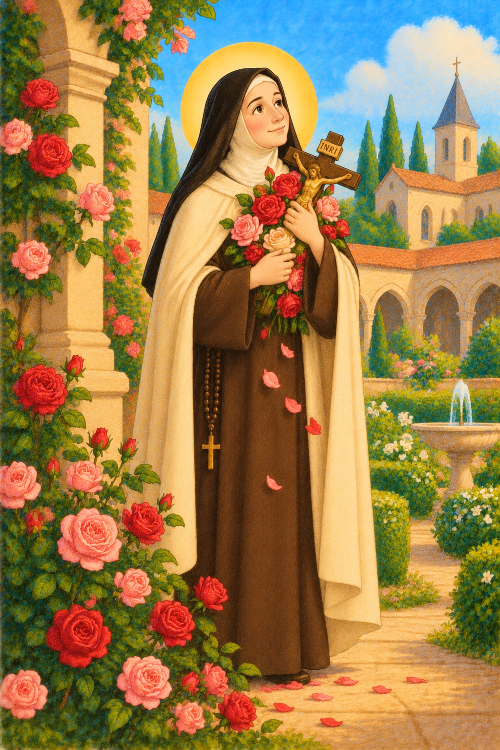 Illustration of Saint Therese of Lisieux holding roses.